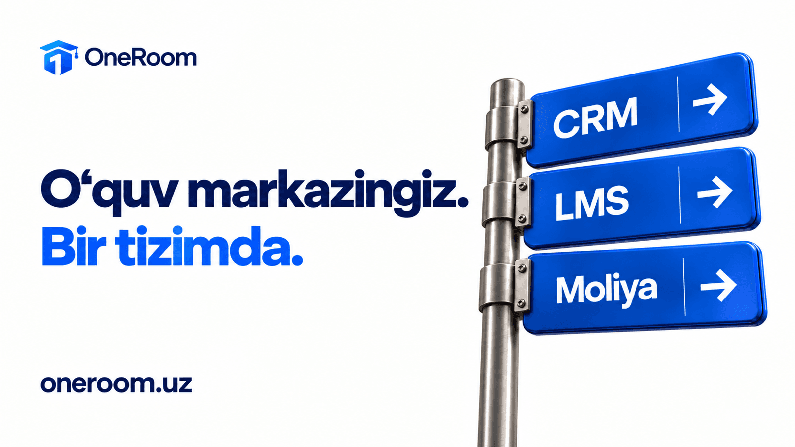 OneRoom logotipi va CRM, LMS, Moliya yozuvli ko‘k yo‘nalish belgilari